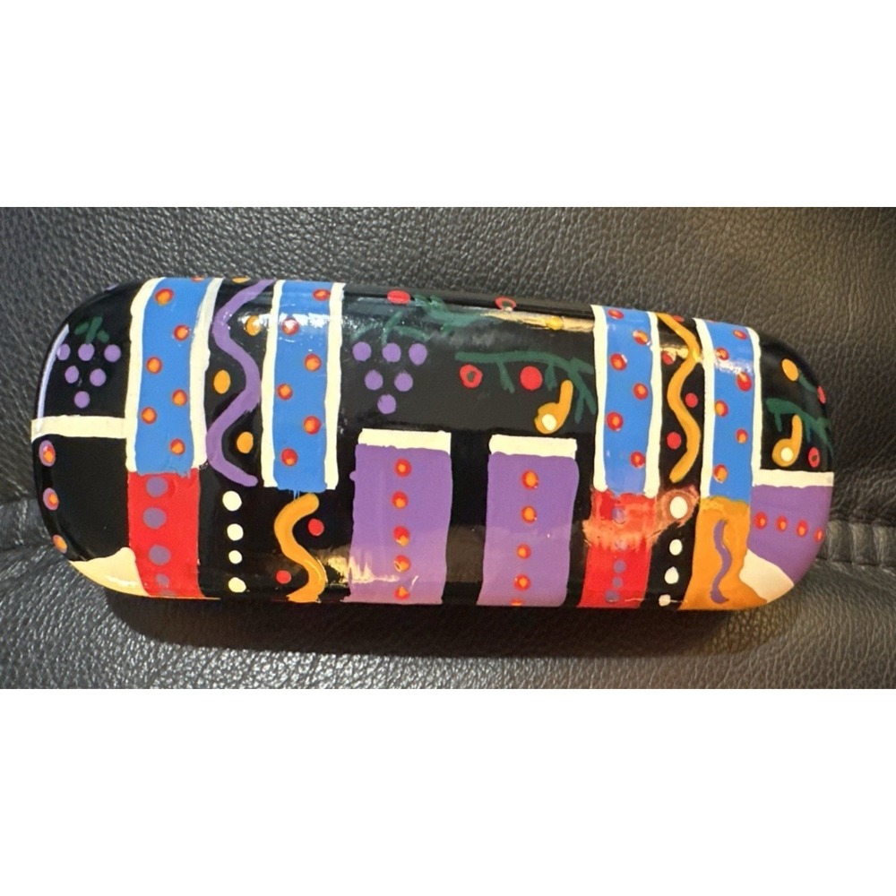 Hand Painted Eyeglass Case Hard Shell Black Multicolor Abstract Folk Art